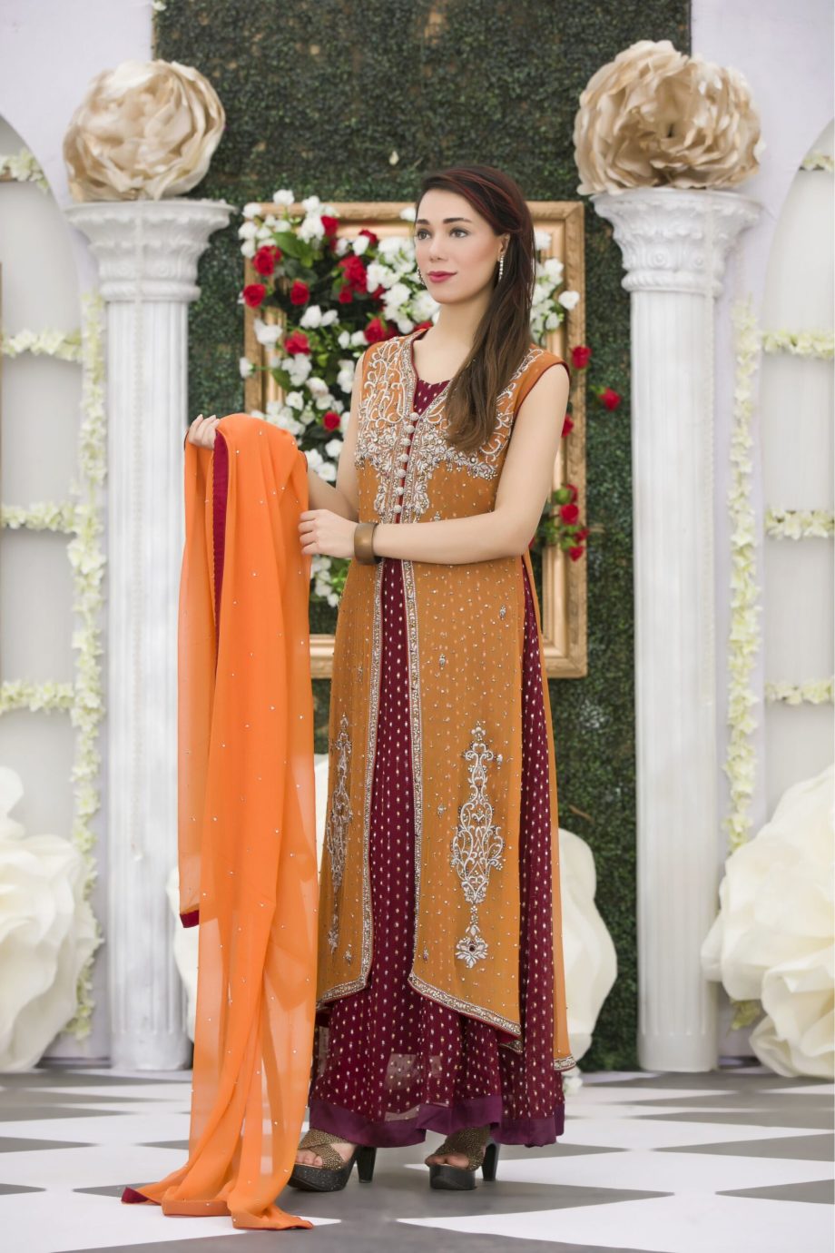 Buy Exclusive Orange Maroon Mehndi Dress Online In USA, Uk & Pakistan - 01