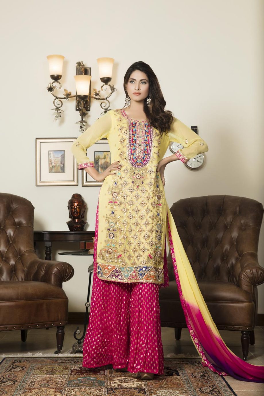 Buy Yellow And Shocking Pink Color Bridal Dress – G12302 Online In USA, Uk & Pakistan