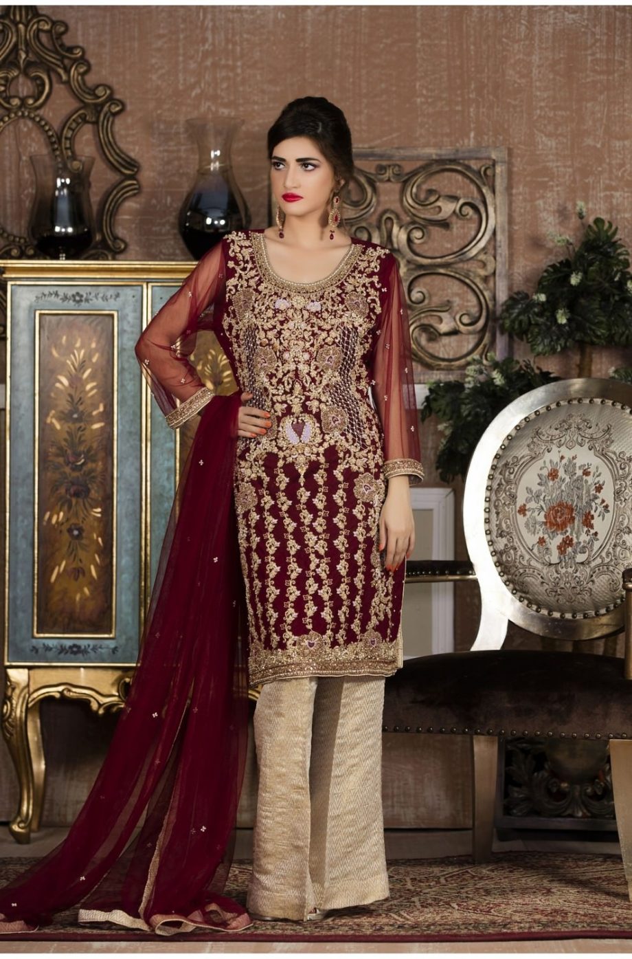 Buy Exclusive Boutique Maroon And Offwhite Bridal Wear – G13387 Online In USA, Uk & Pakistan - 02