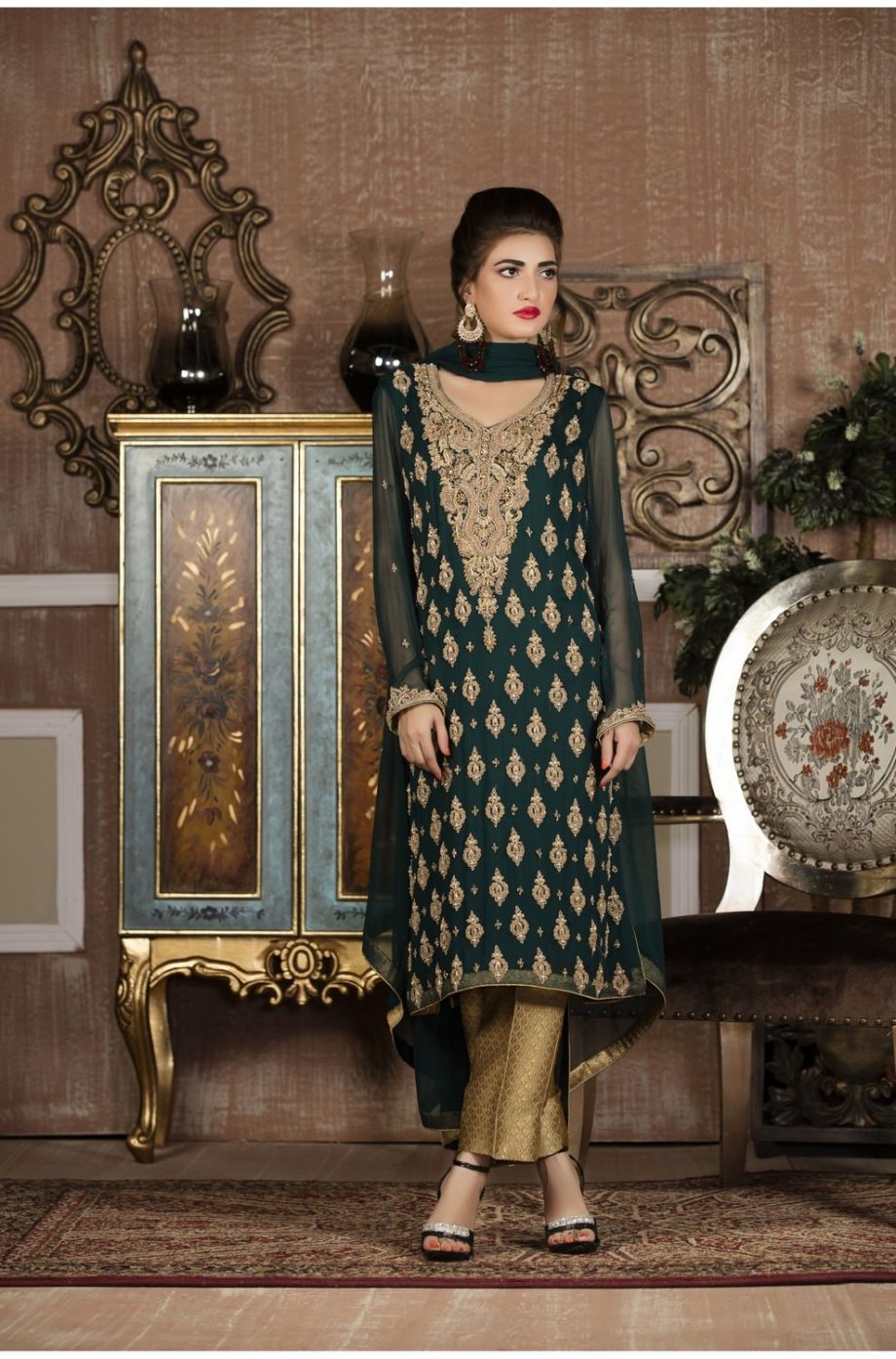 Buy Exclusive Boutique Bottle Green And Golden Bridal Wear – G13653 Online In USA, Uk & Pakistan - 02