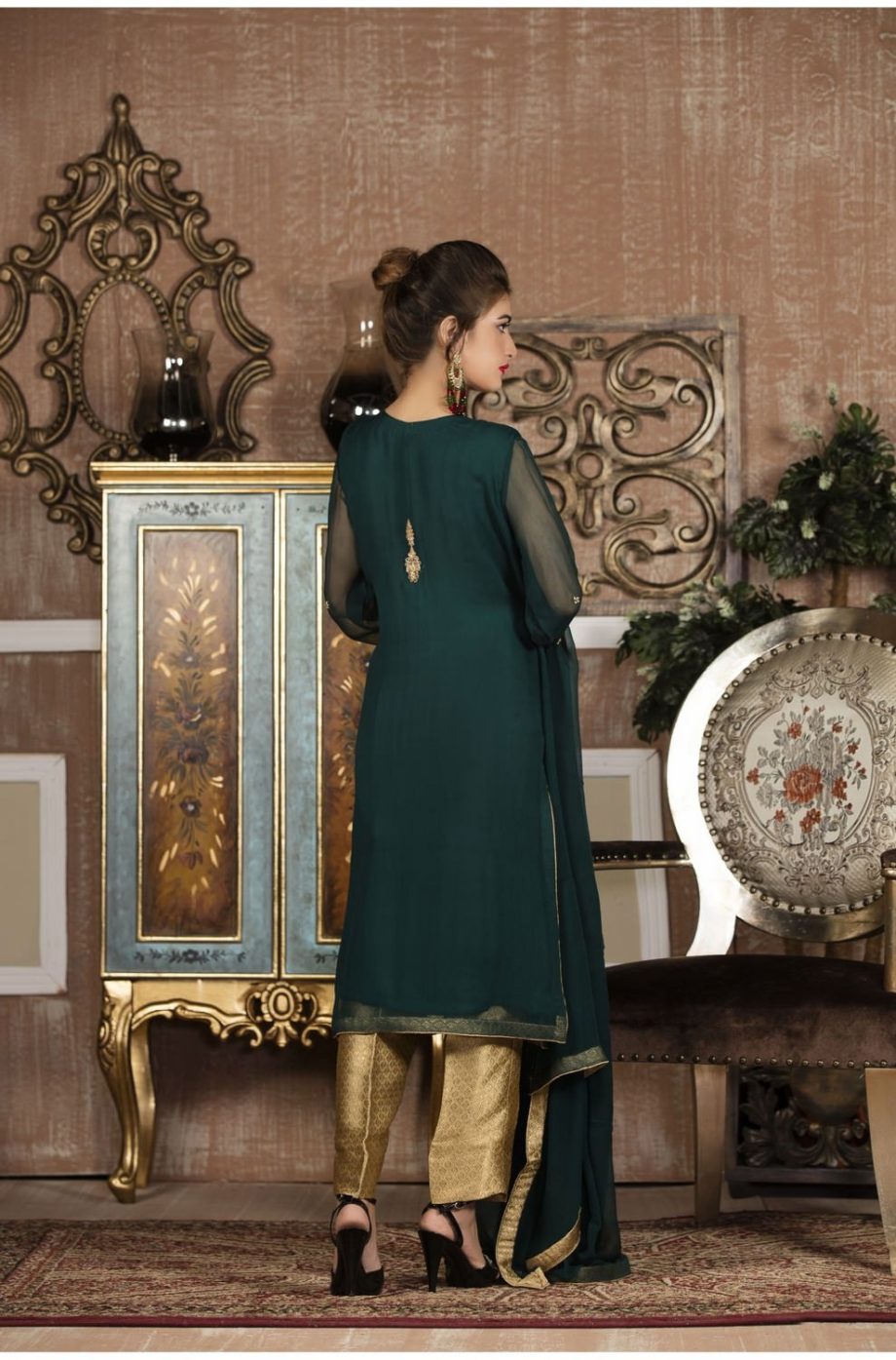 Buy Exclusive Boutique Bottle Green And Golden Bridal Wear – G13653 Online In USA, Uk & Pakistan - 01