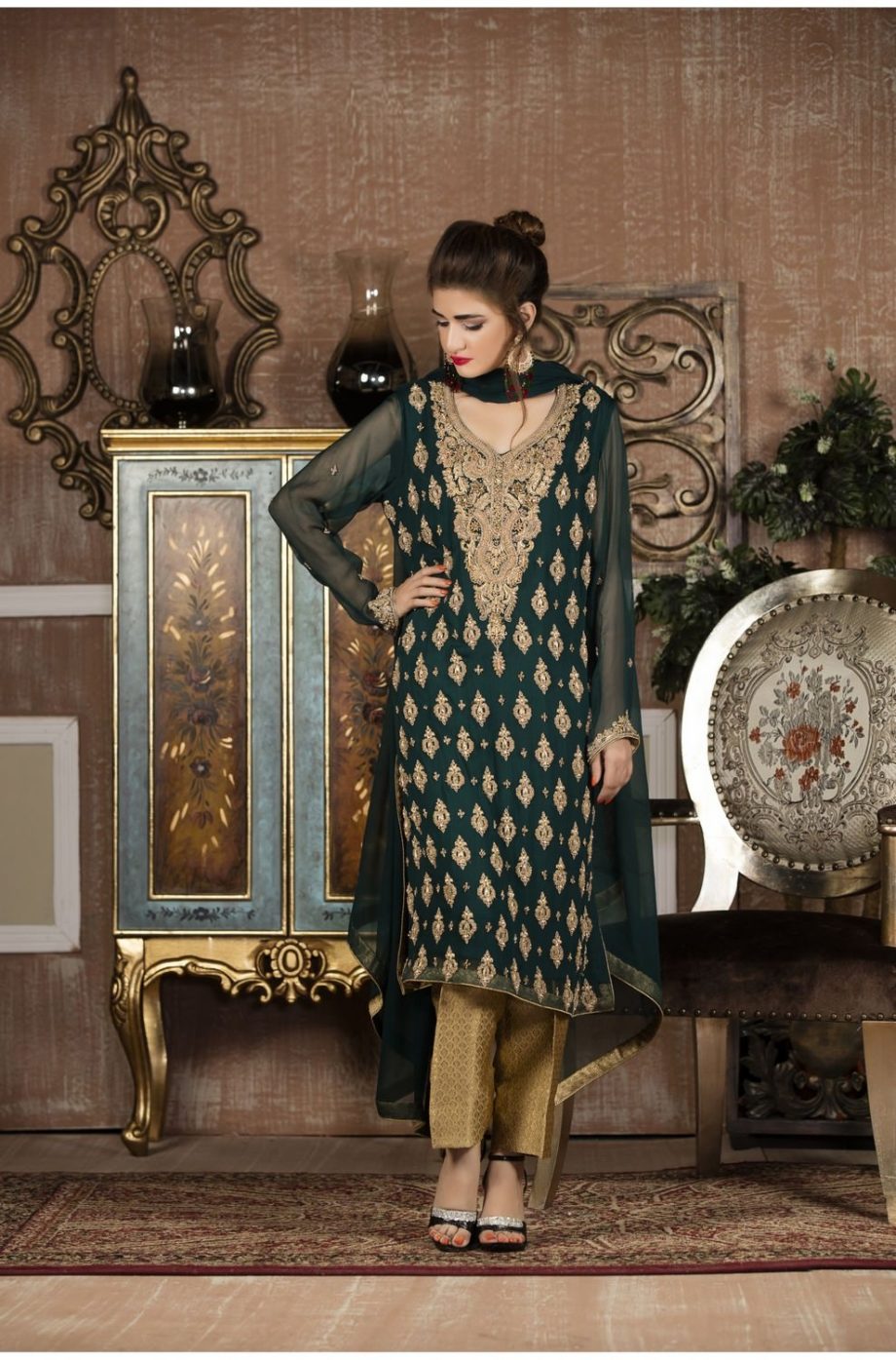 Buy Exclusive Boutique Bottle Green And Golden Bridal Wear – G13653 Online In USA, Uk & Pakistan