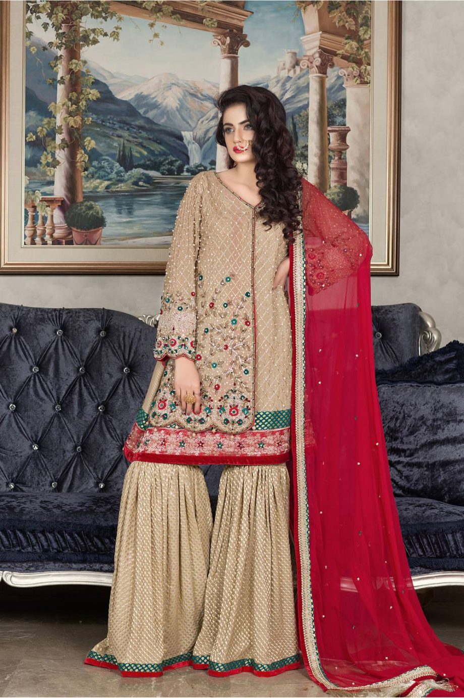 Buy Exclusive Golden And Red Dress – Sabd201 Online In USA, Uk & Pakistan - 01