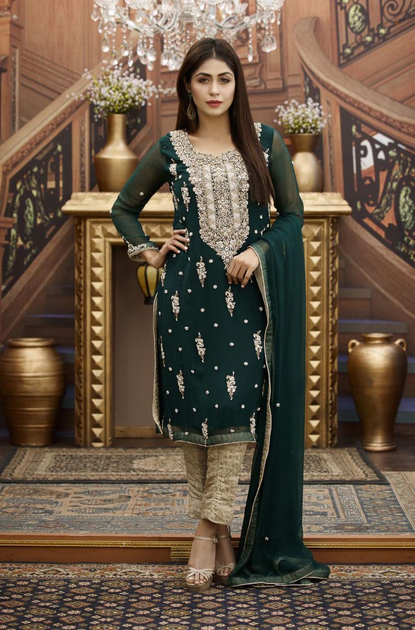 Buy Exclusive Bottle Green And Golden Bridal Wear – G16468 Online In USA, Uk & Pakistan