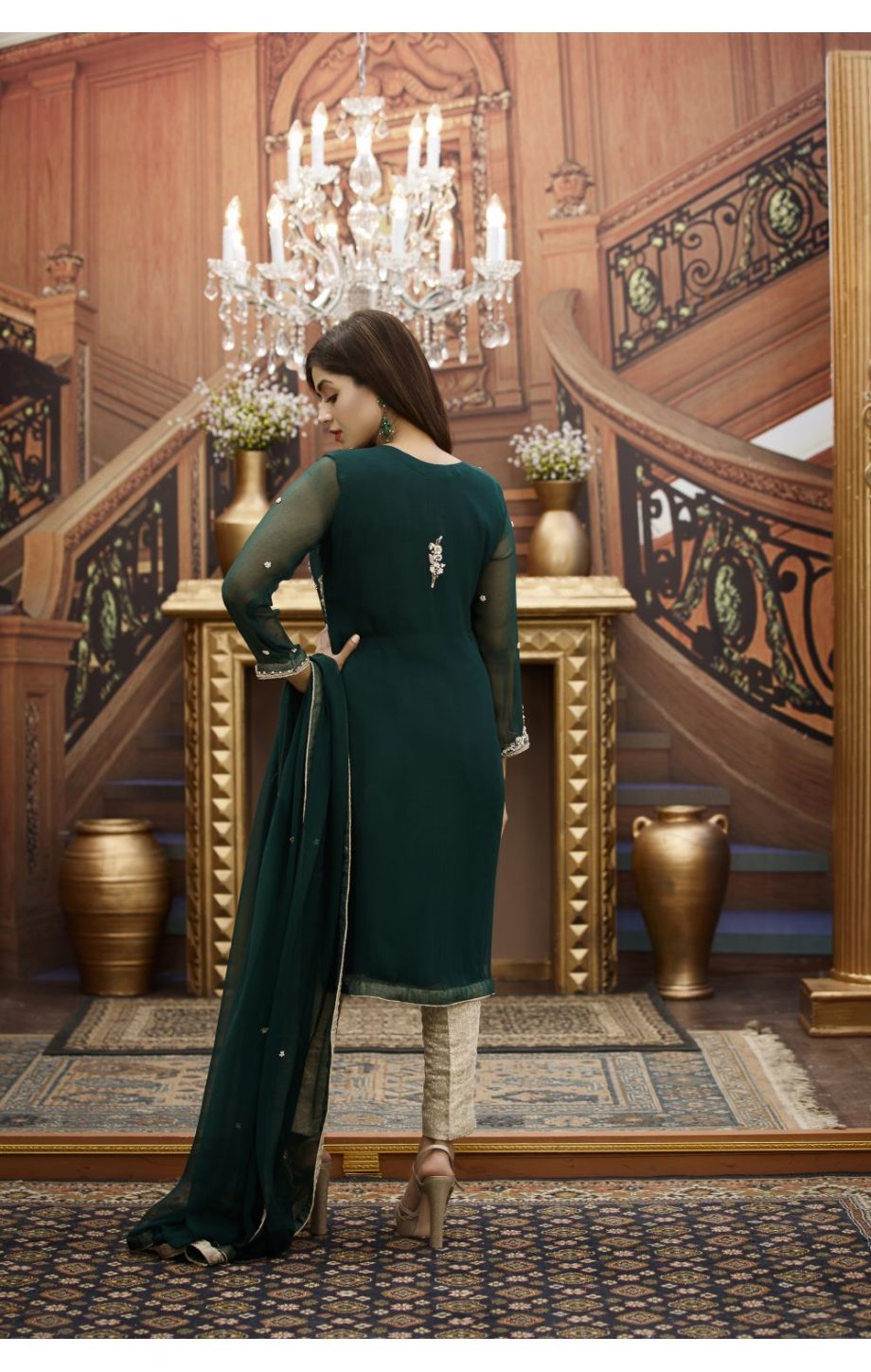 Buy Exclusive Bottle Green And Golden Bridal Wear – G16468 Online In USA, Uk & Pakistan - 02