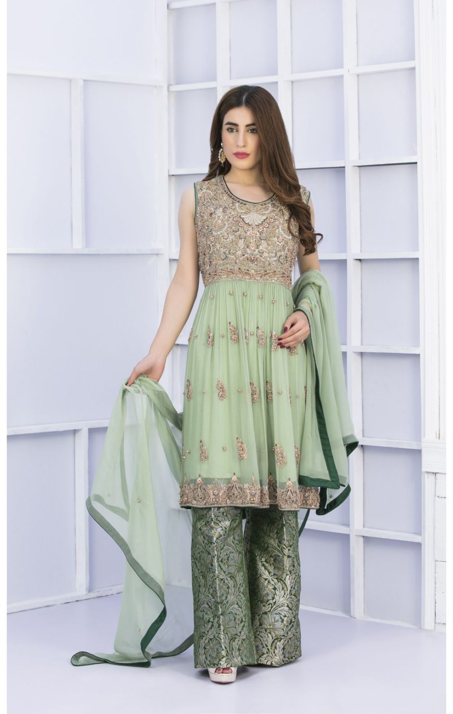 Buy Exclusive Pista Green And Bottle Green Bridal Wear – G15127 Online In USA, Uk & Pakistan