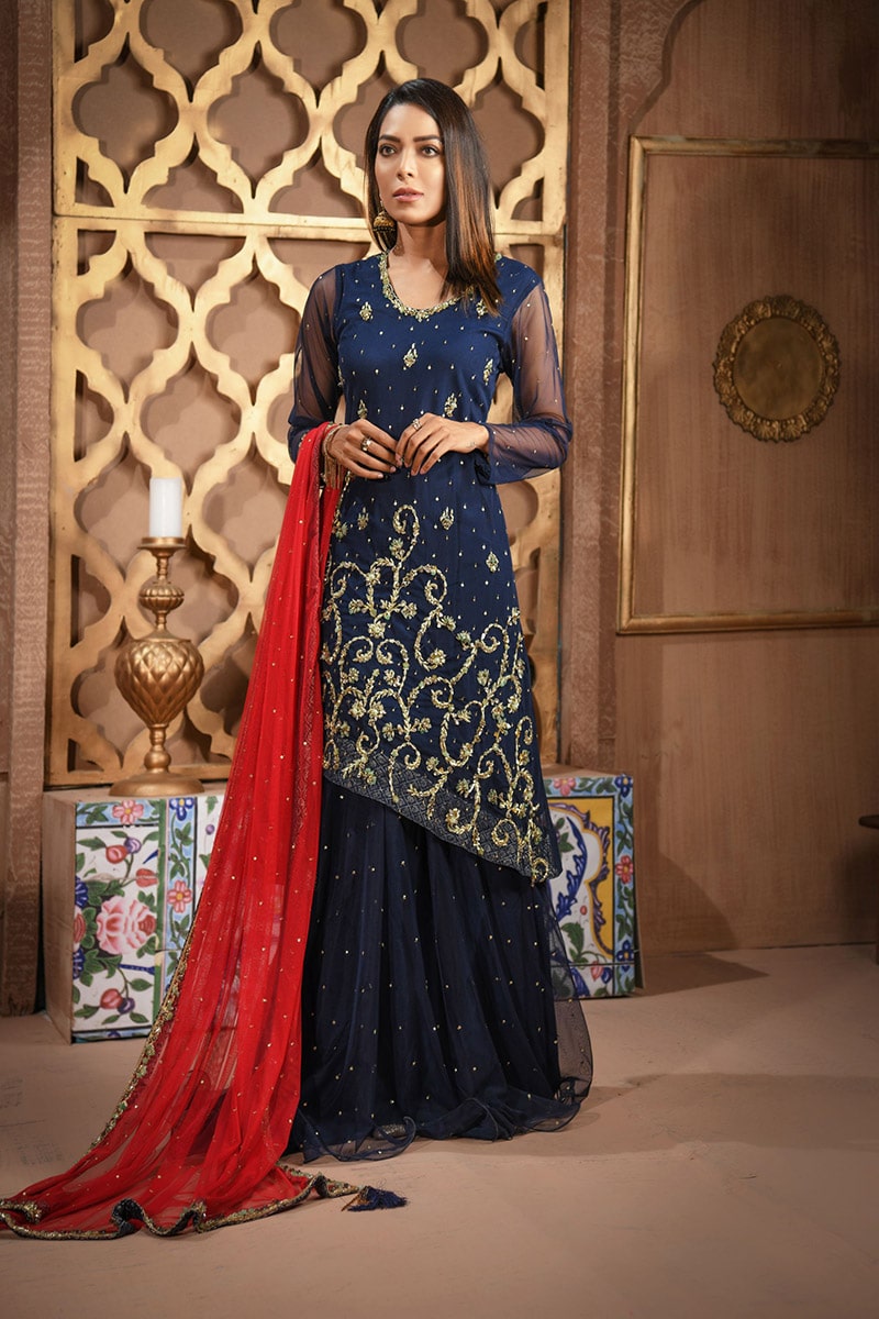 Buy Exclusive Navy Blue And Red Bridal Wear – Sdbd06 Online In USA, Uk & Pakistan - 03