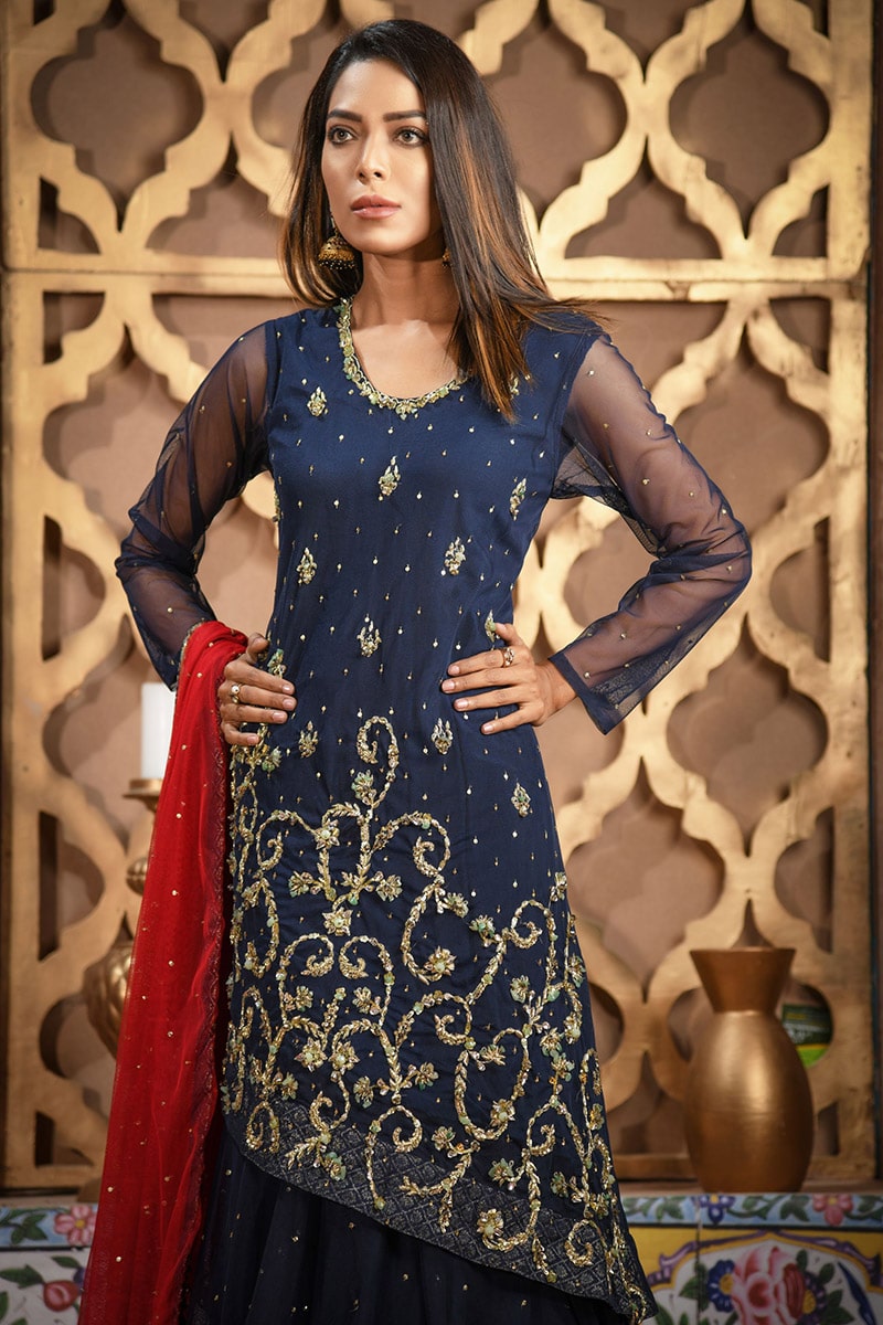 Buy Exclusive Navy Blue And Red Bridal Wear – Sdbd06 Online In USA, Uk & Pakistan - 01