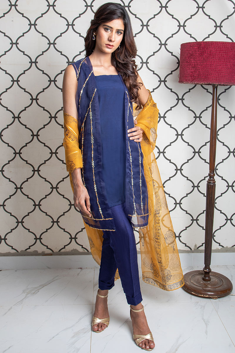 Buy Exclusive Blue & MUSAtard Party Wear – Sds393 Online In USA, Uk & Pakistan - 02