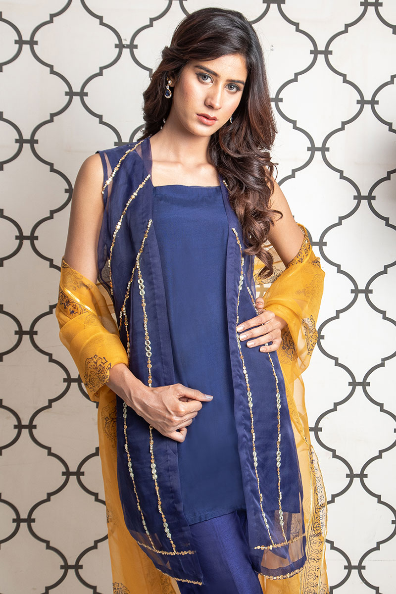 Buy Exclusive Blue & MUSAtard Party Wear – Sds393 Online In USA, Uk & Pakistan