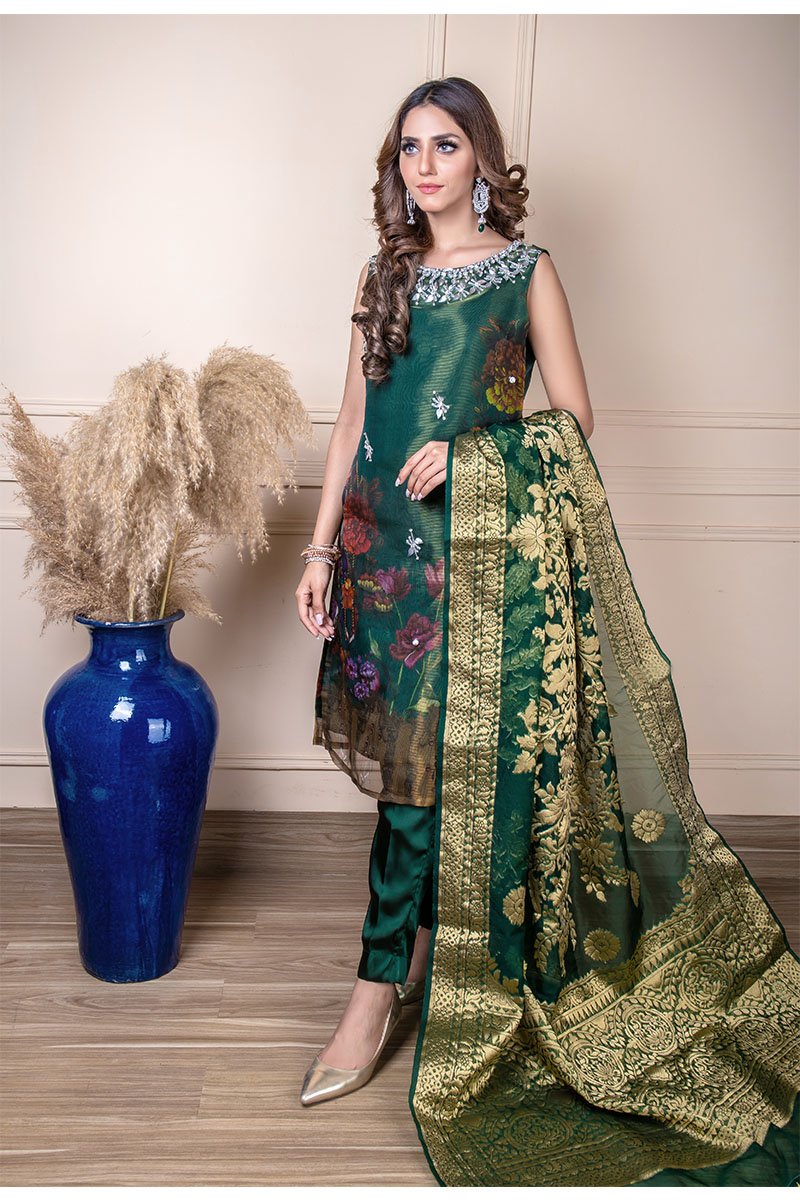 slim fit dress slacks Sardinia La' More Emerald Green Pakistani Suit