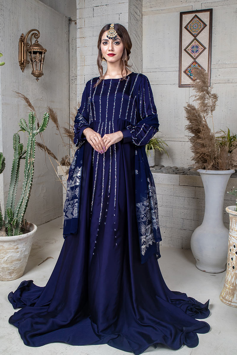 blue dress for baby girl Azure Ensembles Imperial Midnight: Navy Blue Chiffon Pakistani Suit for  Festive Occasions – YourLibaas main image 1
